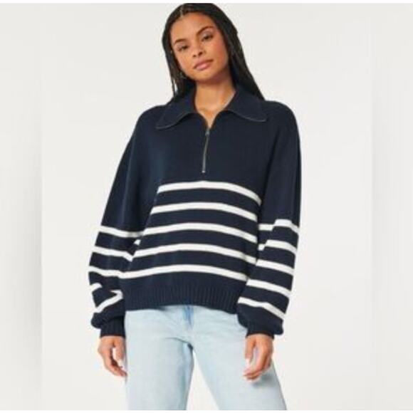 Hollister Chunky Ribbed Oversized Half Zip Sweater navy blue white stripe Medium - Picture 1 of 9
